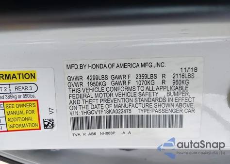 2019 Honda Accord Lx 1.5T из США, поврежденный, VIN 1HGCV1F18KA022475